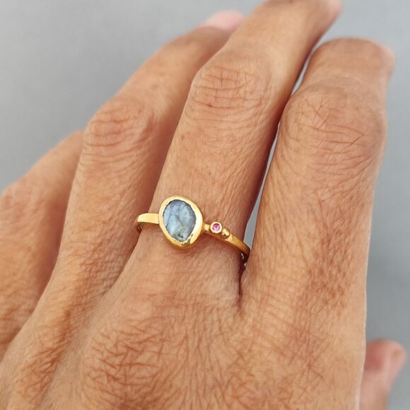 Moissanite ring. 14K yellow gold ring with Blue Moissanite & small Ruby. UNIQUE - Picture 9 of 14